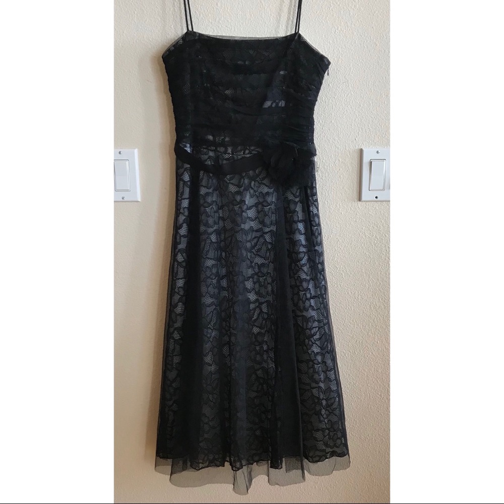 Black lace spaghetti strap dress with belt